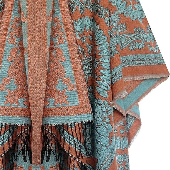 Women's Printed Tassel Open front Poncho Cape Cardigan Wrap Shawl - Picture 3 of 6
